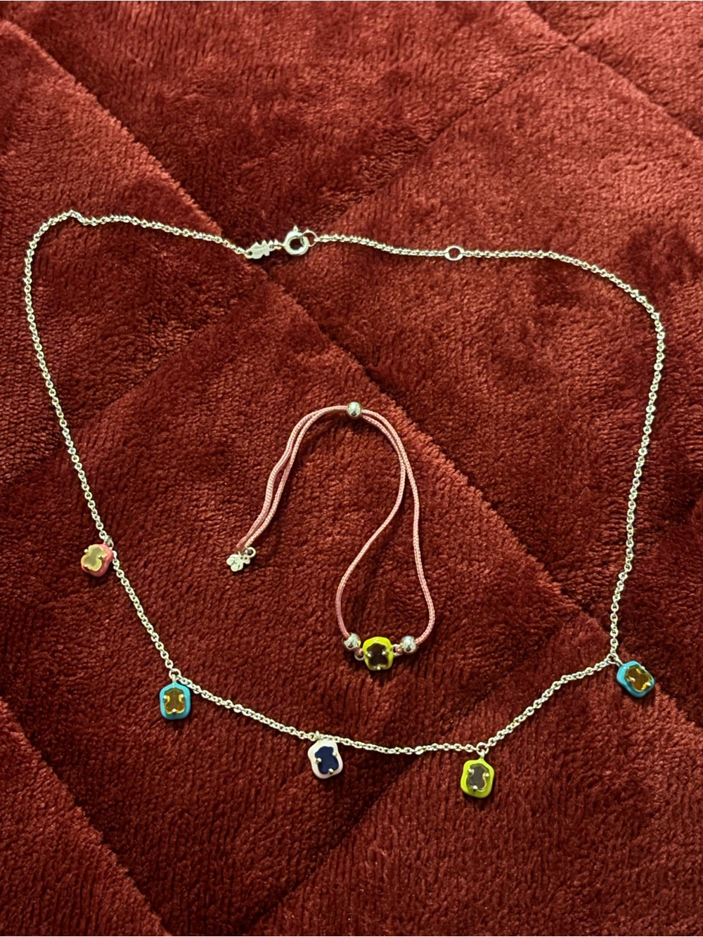 Delicate Multicolor Enamel Charm Necklace and Bracelet Set - Pink Tous